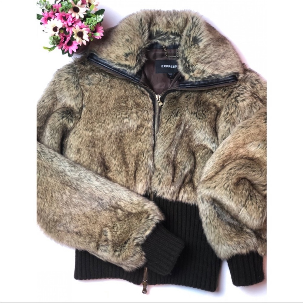 Express Brown Faux Fur Bomber Jacket